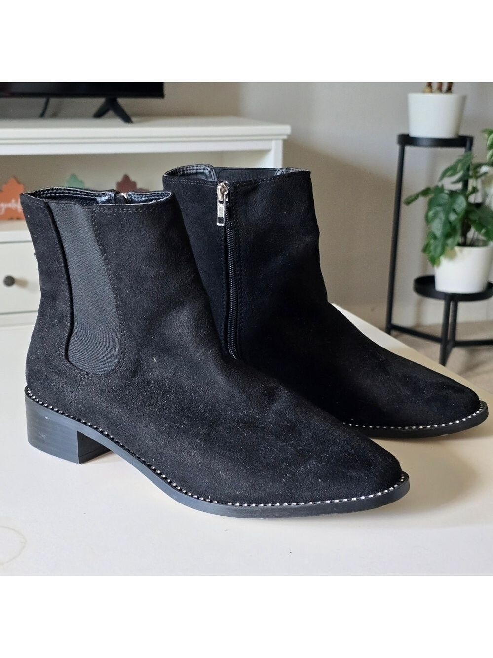 Bebe Elegant Black Suede Leather Ankle Boots With Rhinstones Embellishment
